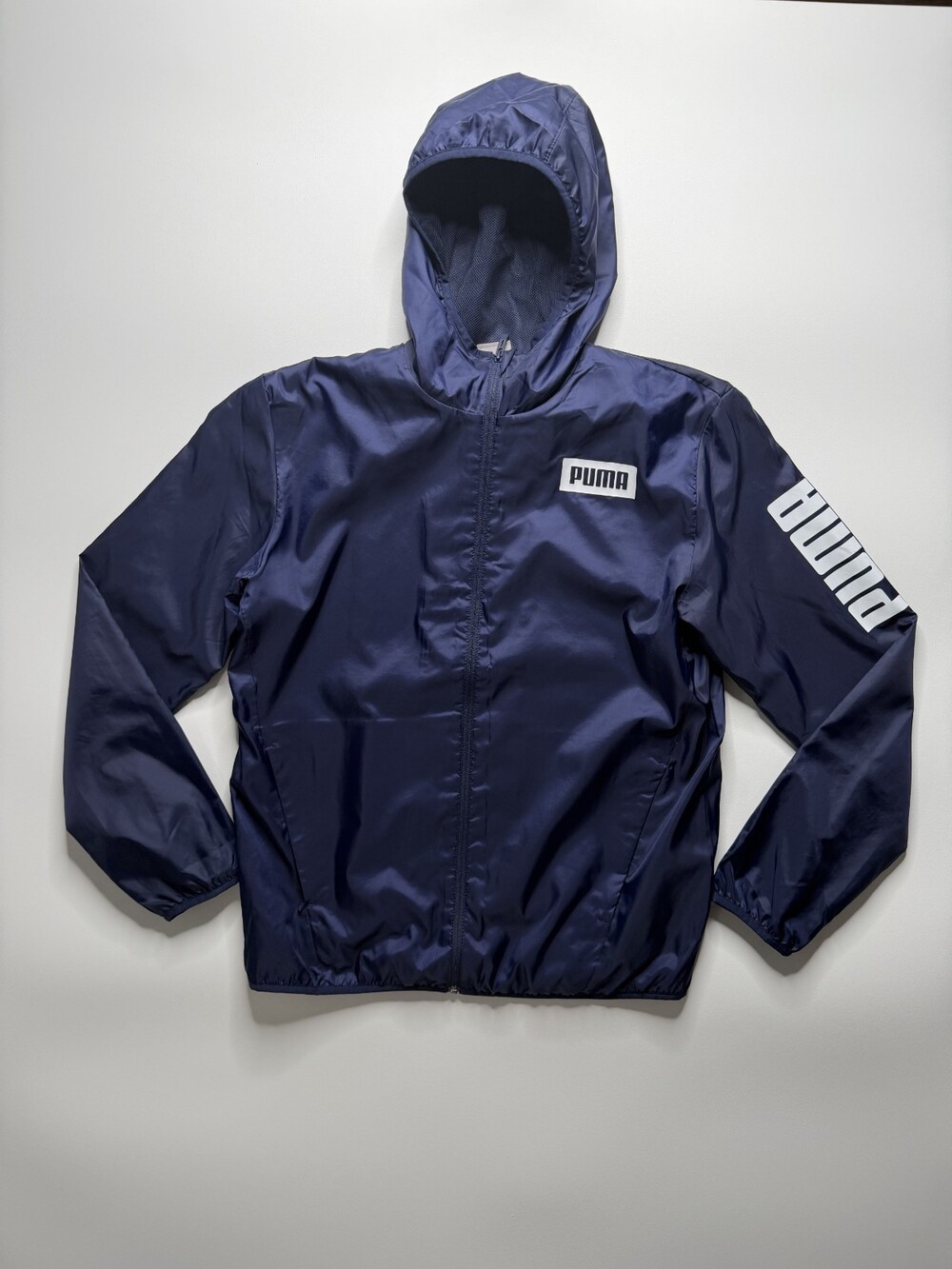 Puma Mens Windbreaker Jacket Medium Navy Blue Full Zip Hooded Mesh Lined 594853